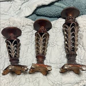 Ornate Carved Metal Candle Holders - Set of 3 - Bronze and Gold Tones